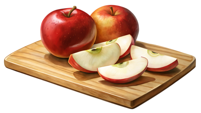 Two whole red apples and four sliced apple wedges arranged on a wooden cutting board, isolated on a transparent background, perfect for culinary or healthrelated themes