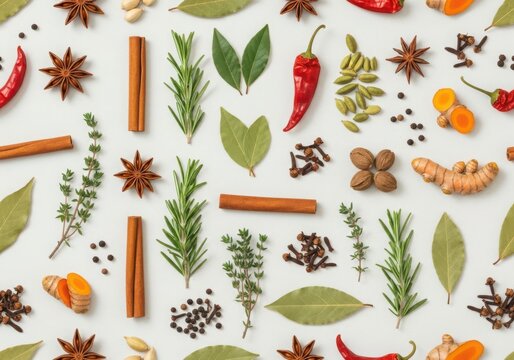 Assortment of spices and herbs including star anise, cinnamon sticks, chili peppers, and rosemary, scattered on a white surface