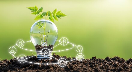 Eco-friendly lightbulb with growing plant and interconnected sustainability icons on soil.
