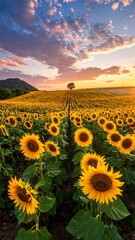 Sunset over a vast sunflower field