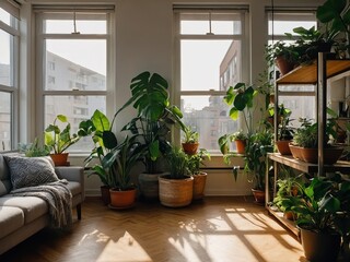 Fototapeta premium Scandinavian-Inspired Apartment — Plant-Filled Home Interior with Soft Natural Lighting