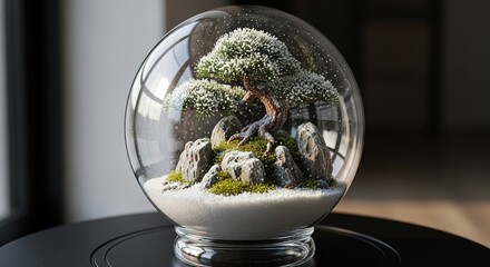 Serene Miniature Bonsai Landscape in Clear Glass Sphere Terrarium with Rocks and White Sand.