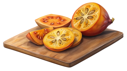 A whole reddishpurple fruit and several slices of the fruit showing its yelloworange pulp and small brown seeds, arranged on a wooden cutting board, isolated on transparent background