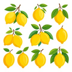 Obraz premium Bright yellow lemons on branches with leaves. Cute cartoon style. Nine illustrations