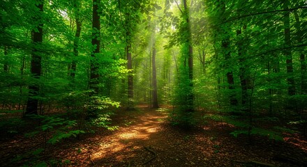 Obraz premium Sunlight filtering through a lush green forest with tall trees and a path.