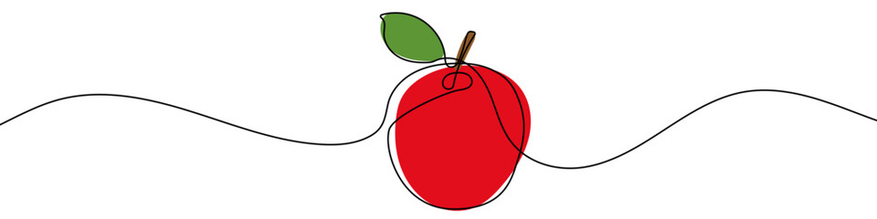 Apple in one line art style. Whole apple with a stem and leaf drawing with editable black stroke and color on white background. Vector illustration.