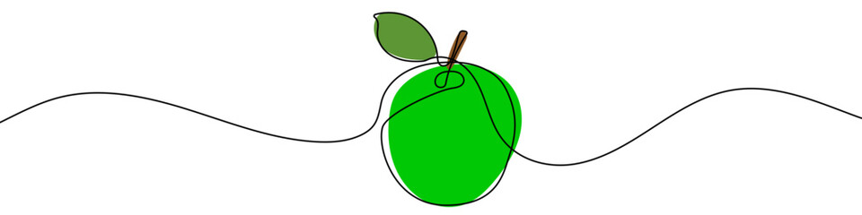 Green apple in one line art style. Whole apple with a stem and leaf drawing with editable black stroke and color on white background. Vector illustration.