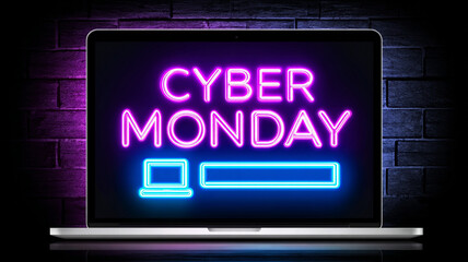 Cyber Monday glossy television ad, glowing neon blue and purple, laptop and shopping cart icon, digital sale background, text "Cyber Monday 2025 - Big Deals"