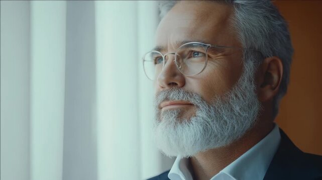 Portrait of a bearded man in business attire with a serious expression, looking into the distance. He is dressed formally and appears deep in thought in an office environment.