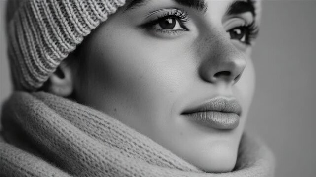 Peaceful woman with eyes closed, lips slightly parted; wearing beanie and scarf; could imply relaxation or meditation