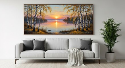 Vibrant Birch Forest Sunset Painting Above Modern Grey Sofa Illuminating Contemporary Minimalist Living Room.