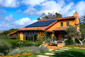 Naklejka premium Bright sunny day at a charming house featuring solar panels, surrounded by vibrant flowers and a well-maintained garden landscape for outdoor relaxation