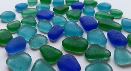 Close up overhead view of a collection of smooth sea glass pieces in various shades of blue and green scattered on a white surface