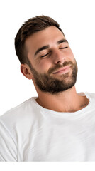 Obraz premium Content bearded man with closed eyes smiling peacefully isolated on transparent background.