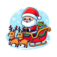 Cute Santa Claus Riding Sleigh with Reindeers and Gifts – Festive Snowflake Background Vector