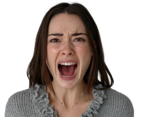 Portrait of a young brunette woman screaming in terror and fear isolated on transparent background.