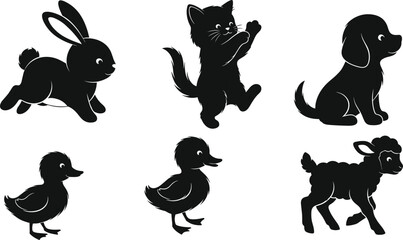 Baby animal silhouettes, bunny, kitten, puppy, duckling, lamb vector icons, black and white cute animal design, flat vector illustration