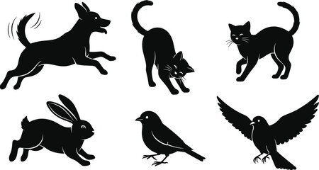 Dog, cat, rabbit, bird, animal silhouette, pet icon, wildlife vector, black shape, domestic animal, flat style, editable, isolated, graphic element