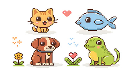 Obraz premium Pixel Animal Set on White Background cat, dog, bird, fish, and frog icons, simple shapes, cute clean outlines