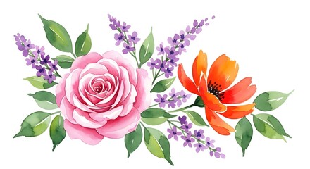 Pink rose orange flower purple sprigs watercolor bouquet isolated on white background