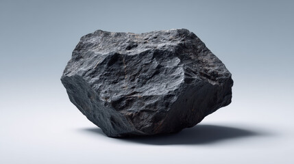 Obraz premium Isolated dark gray rock with rough texture rests on a smooth surface with subtle shadows creating a simple yet elegant composition in a studio setting.