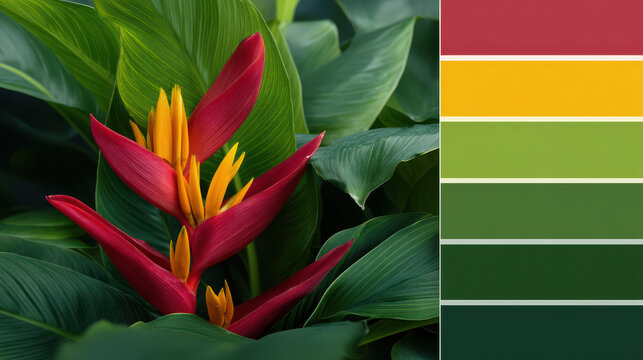 A vibrant red heliconia flower with bright yellow accents blooms amidst lush green leaves, complemented by a curated color palette for design inspiration.