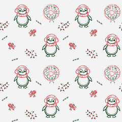 Cute holiday-themed pattern featuring penguins, snowflakes, and festive decorations