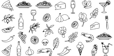 Illustrated Culinary Journey Pizza Pasta Olives Wine Lemon Shrimp Cocktail Gourmet Delights Delicious Food Drink Icons