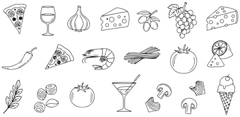 Culinary Delights Collection Pizza Wine Shrimp Cheese Tomato and Sweet Treats in a Line Art Foodie Feast Culinary