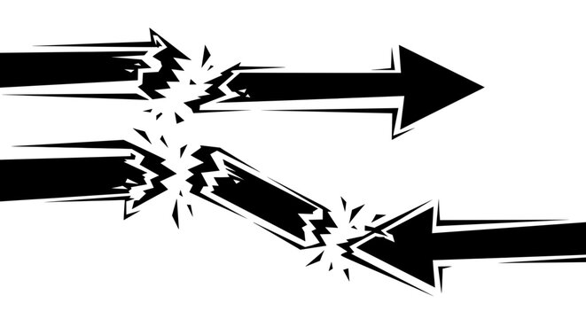 Broken arrow vector graphic design concept for direction change and failure illustration with black and white art