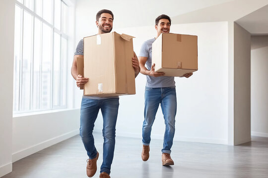 Two male friends smiling while carrying cardboard boxes indoors - Powered by Adobe