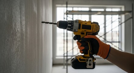 Skilled tradesman uses a power drill to renovate a modern apartment, showcasing expert craftsmanship and dedication to quality home improvement project