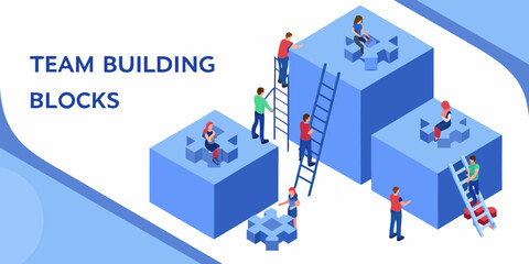 Diverse team members collaborate using puzzle blocks and ladders to build a successful project together