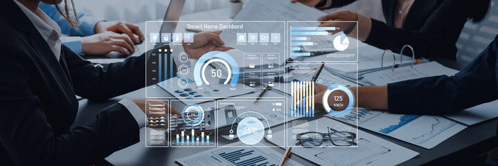 Business People Collaborating on Data Analysis with Digital Dashboard and Charts Displaying Key Performance Indicators and Trends Trope.
