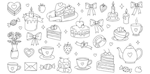 Black and White Valentine s Day Seamless Pattern of Cakes Hearts and Treats Romantic Sketch Wedding Love Tea Party Candy