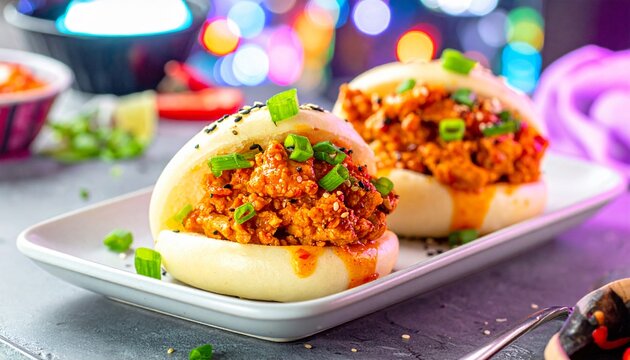 Two fluffy steamed bao buns filled with savory minced meat and garnished with fresh green onions and black sesame seeds, presented on a white platter with a ...