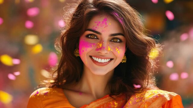 Female participating in a joyous festival with bright, vibrant powder. Smiling face with open mouth.