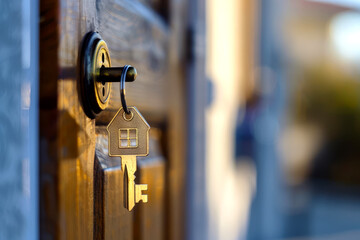 A shiny gold key with a house shape hangs from the lock of a wooden door, capturing the moment of entering a new home during the golden hour