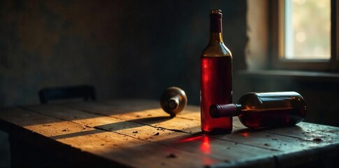 Empty Wine Bottles on Wooden Table A Dimly Lit Scene of Loneliness and Despair