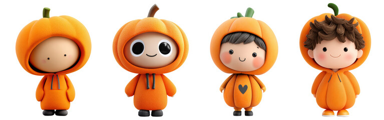 Happy halloween, 3D render Four cute characters dressed in pumpkin costumes isolated on transparency PNG background, perfect for Halloween-themed projects, cards, or children's parties