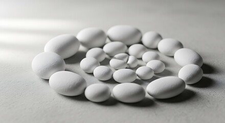 White oval candies arranged in a circular pattern on a light surface, creating a minimalist and abstract composition.