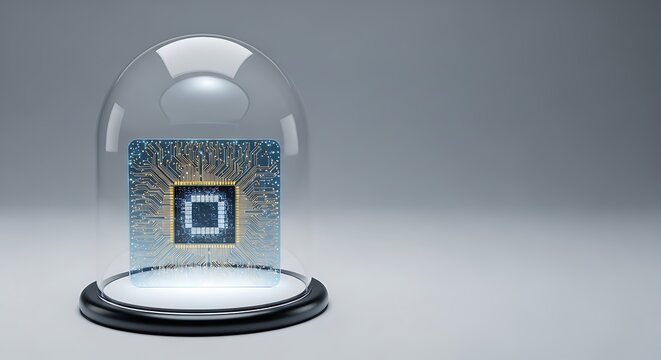 Advanced Microchip Secured Under Glass Dome Displaying Core Technology.
