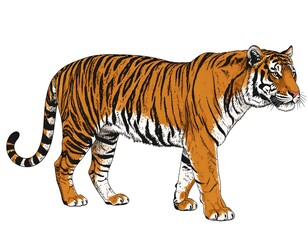 Fototapeta premium Profile view of a tiger. Detailed line art drawing of an orange and black striped tiger. Strong, bold lines depict musculature and fur. White background isolates the subject