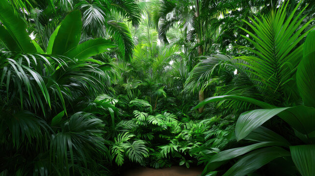 Lush tropical foliage creates a vibrant green canopy in the humid rainforest, showcasing the beauty and density of nature's jungle environment so verdant. - Powered by Adobe