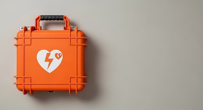 Automated External Defibrillator AED on neutral background for emergency medical use.