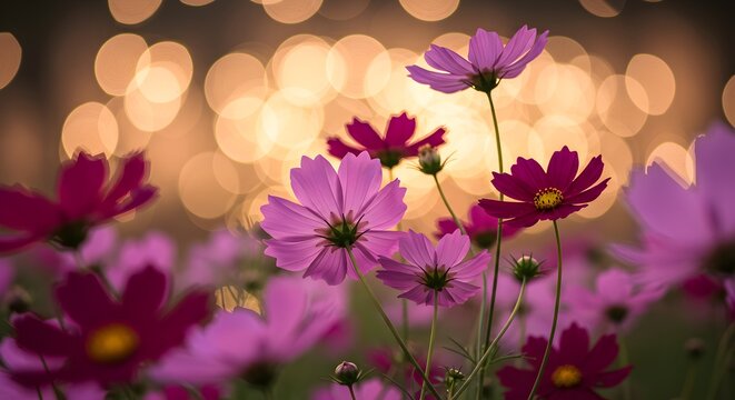 A close-up of beautiful pink and magenta cosmos flowers in bloom, with a sparkling bokeh background creating a magical, festive ambiance. Ideal for celebrations, nature, and joyous themes.