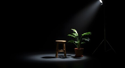 A focused spotlight illuminates a wooden stool and a thriving potted plant, creating a dramatic and minimalist scene against a dark background. Ideal for themes of introspection, performance, or natur