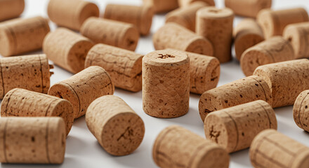 A close up macro shot of a large pile of natural wine corks scattered randomly on a white surface
