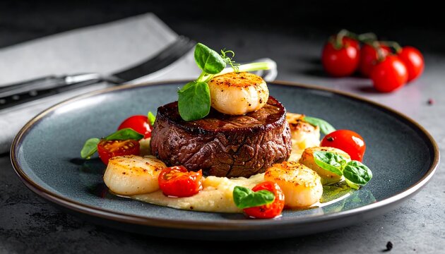 Gourmet steak dinner, scallops, and mashed potatoes