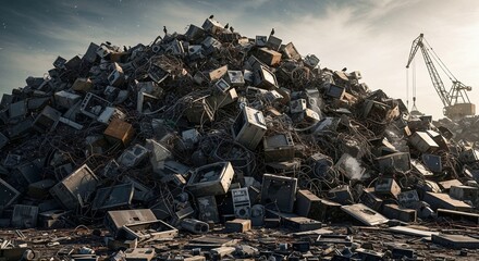 Obraz premium Pile of discarded electronic devices at an industrial waste site 